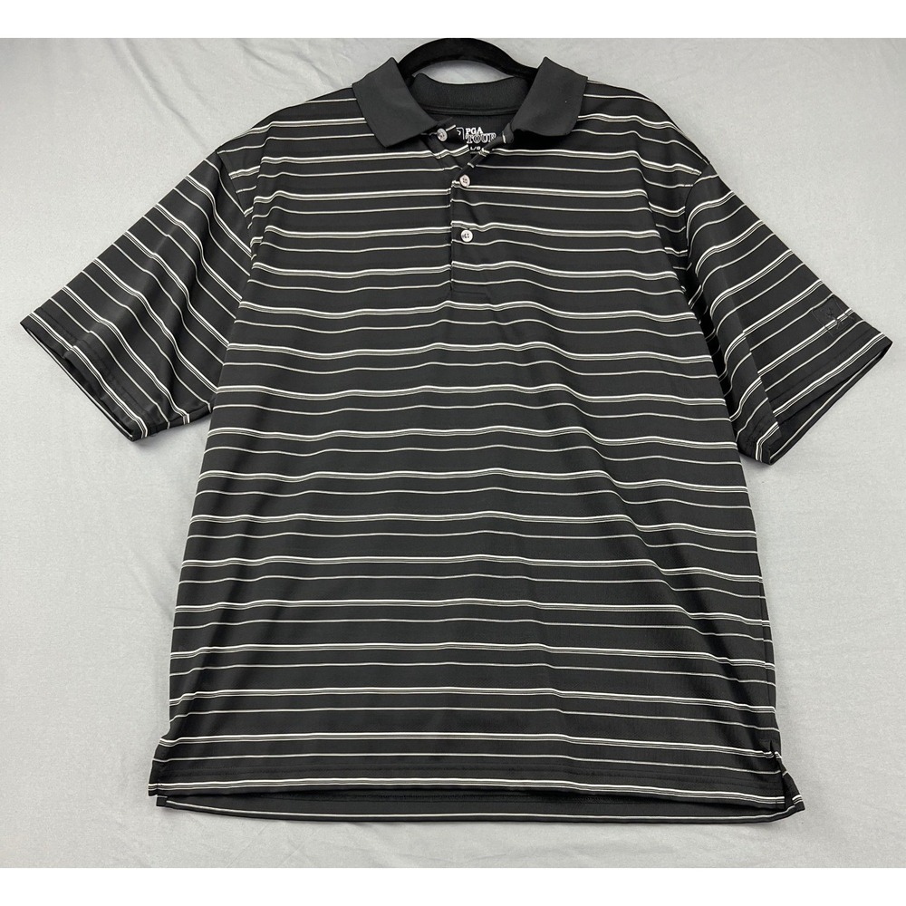 PGA Tour Polo Shirt Mens Large Black White Striped Golf Performance Short Sleeve